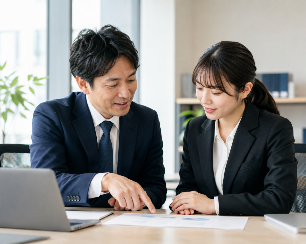 先輩社員が新入社員の隣に座り、資料を指差しながら穏やかに話しかけているシーン