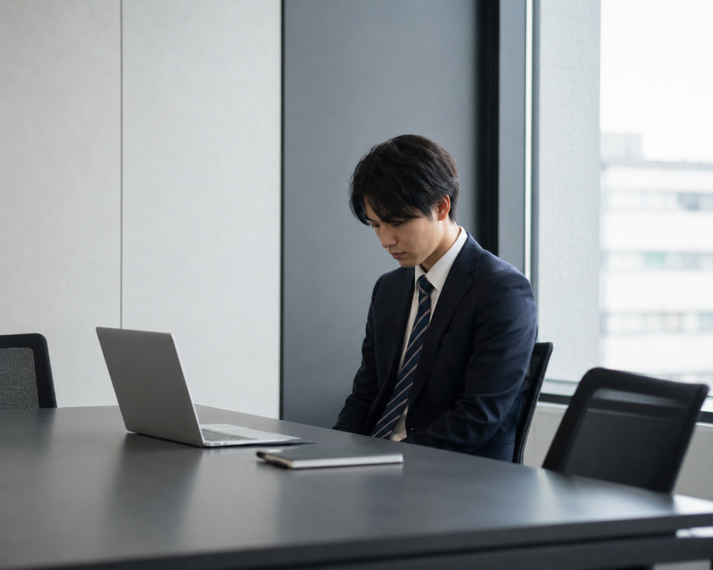 会議室の隅で一人、うつむき加減で座っている若手社員のシーン