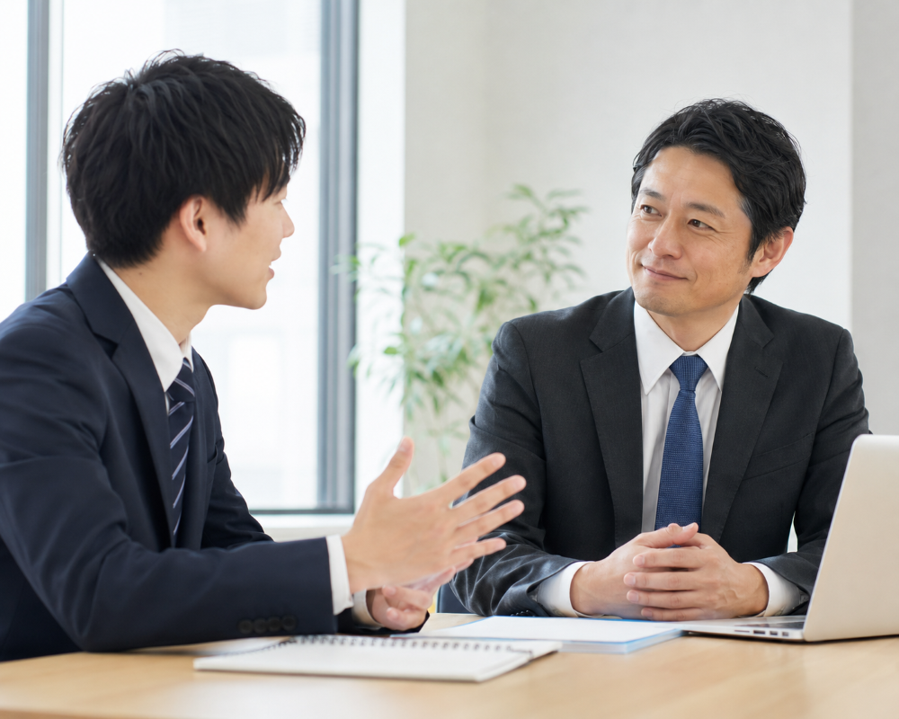 先輩社員が新入社員の話に耳を傾け、うなずいているシーン