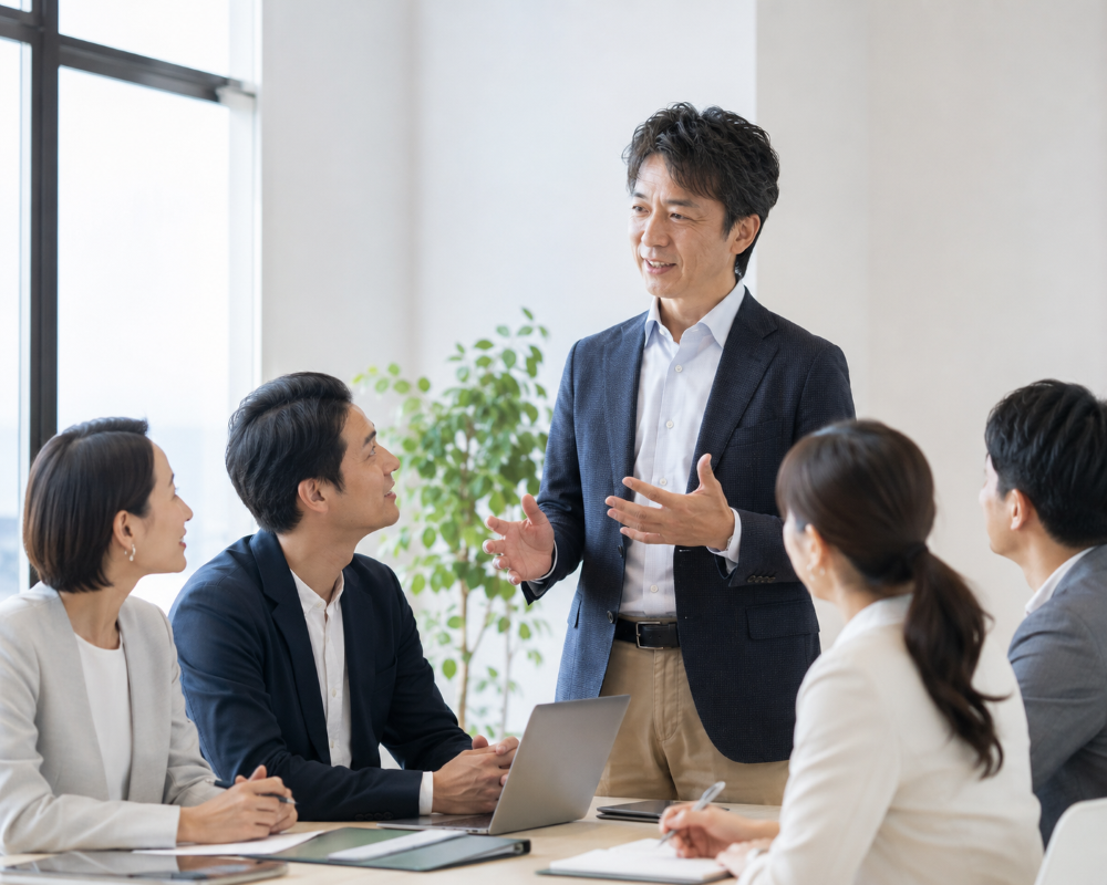 研修や社内勉強会の場で、講師が参加者一人ひとりと目を合わせながら語りかけているシーン