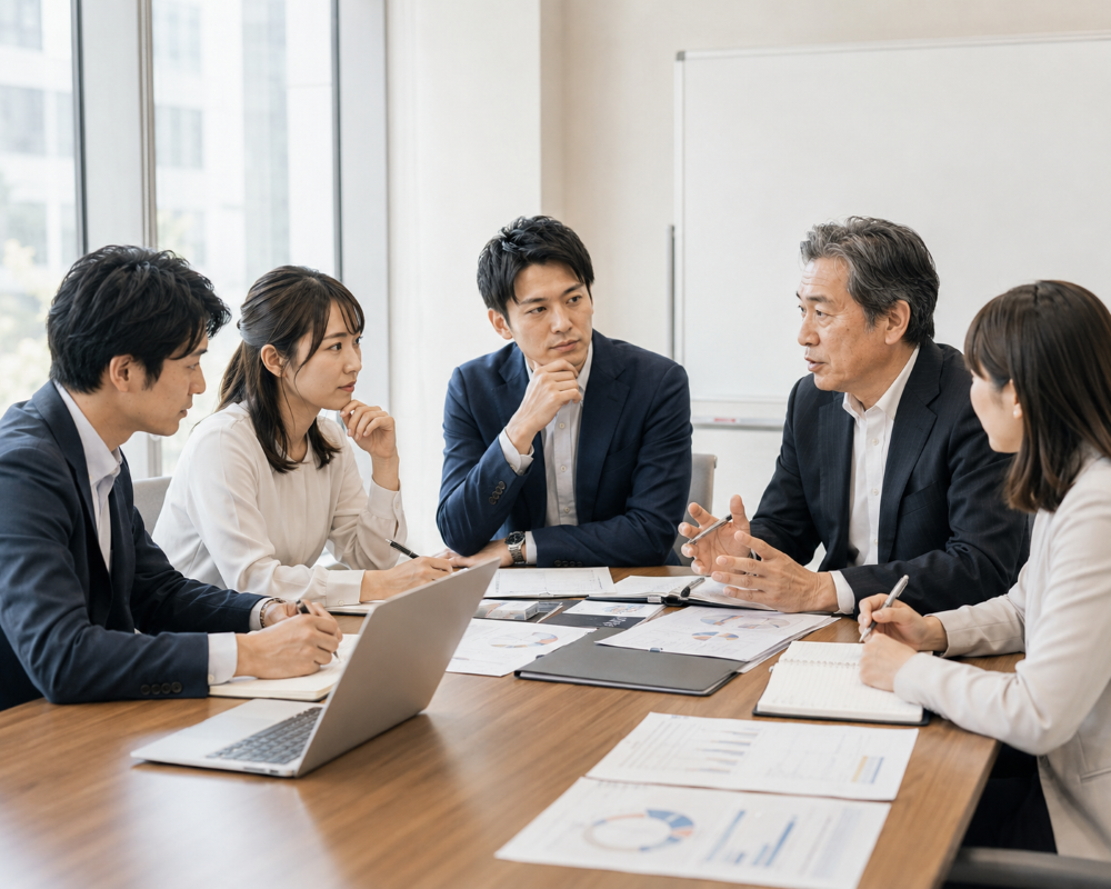 チームで仕事の目的について話し合うミーティング