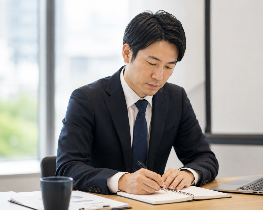 実践ポイントをメモするビジネスパーソン