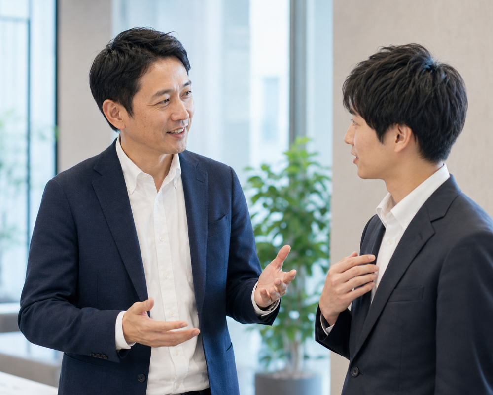 笑顔で部下に声をかけるリーダー