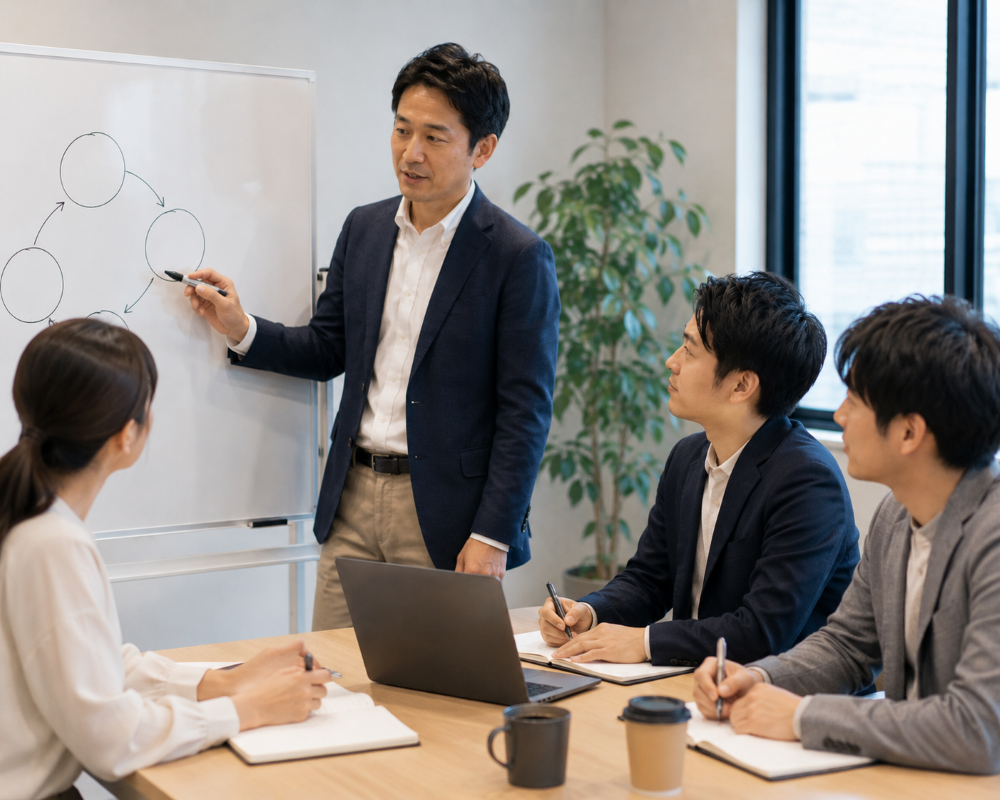 対話のステップをボードに描いて説明するリーダー