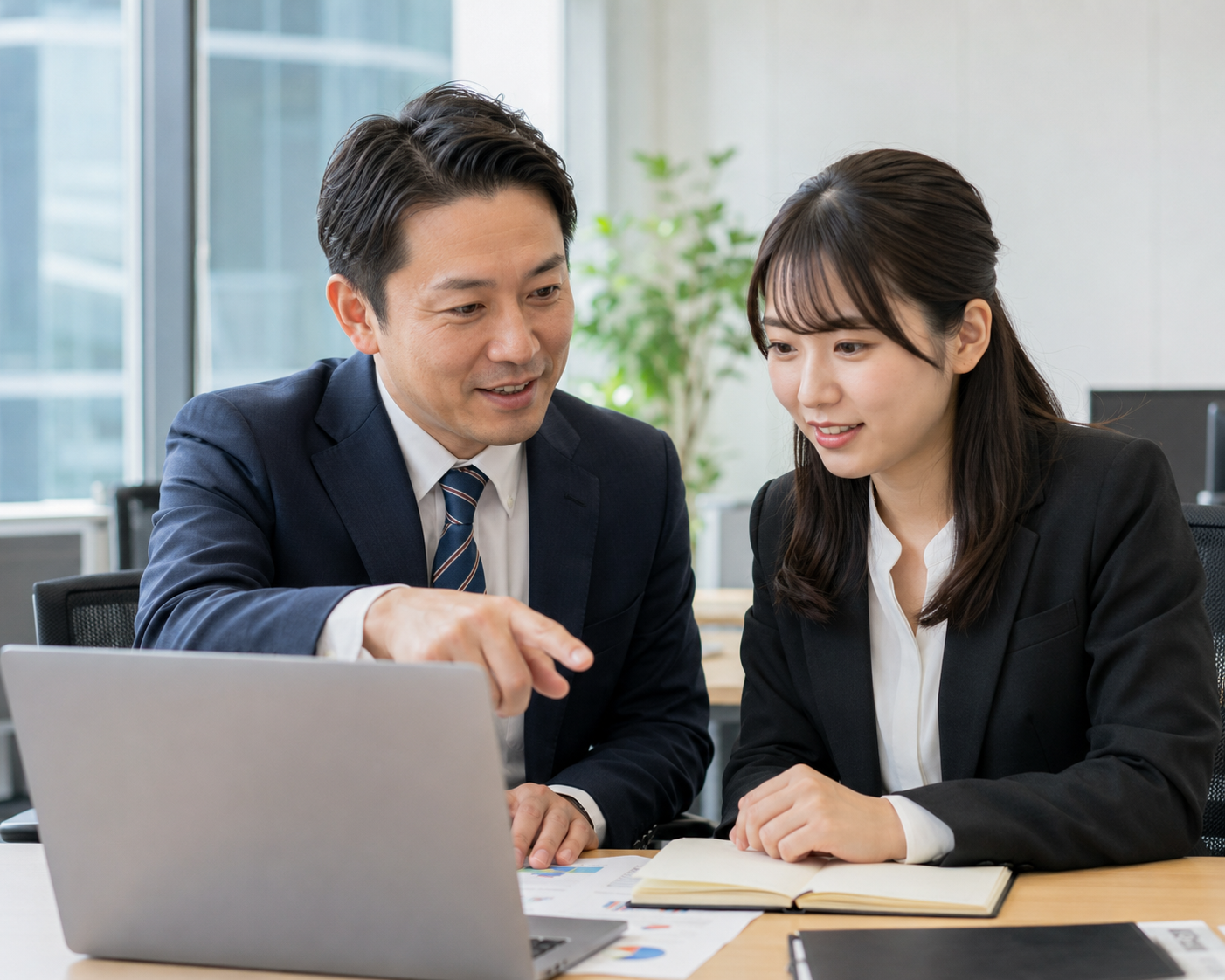 オフィスで先輩社員が新入社員の隣に座り、業務画面を一緒に見ながら話しかけているシーン