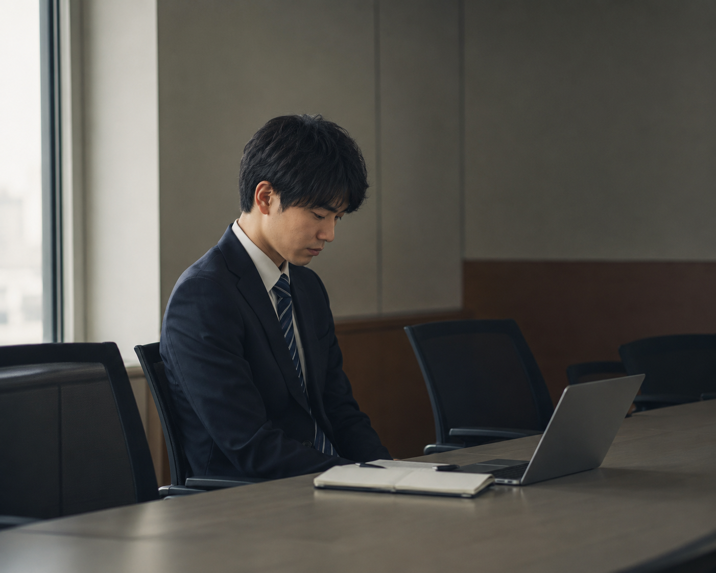 会議室の机にマニュアルが置かれ、窓の外を眺めながら何かを語り合う上司と部下のシーン
