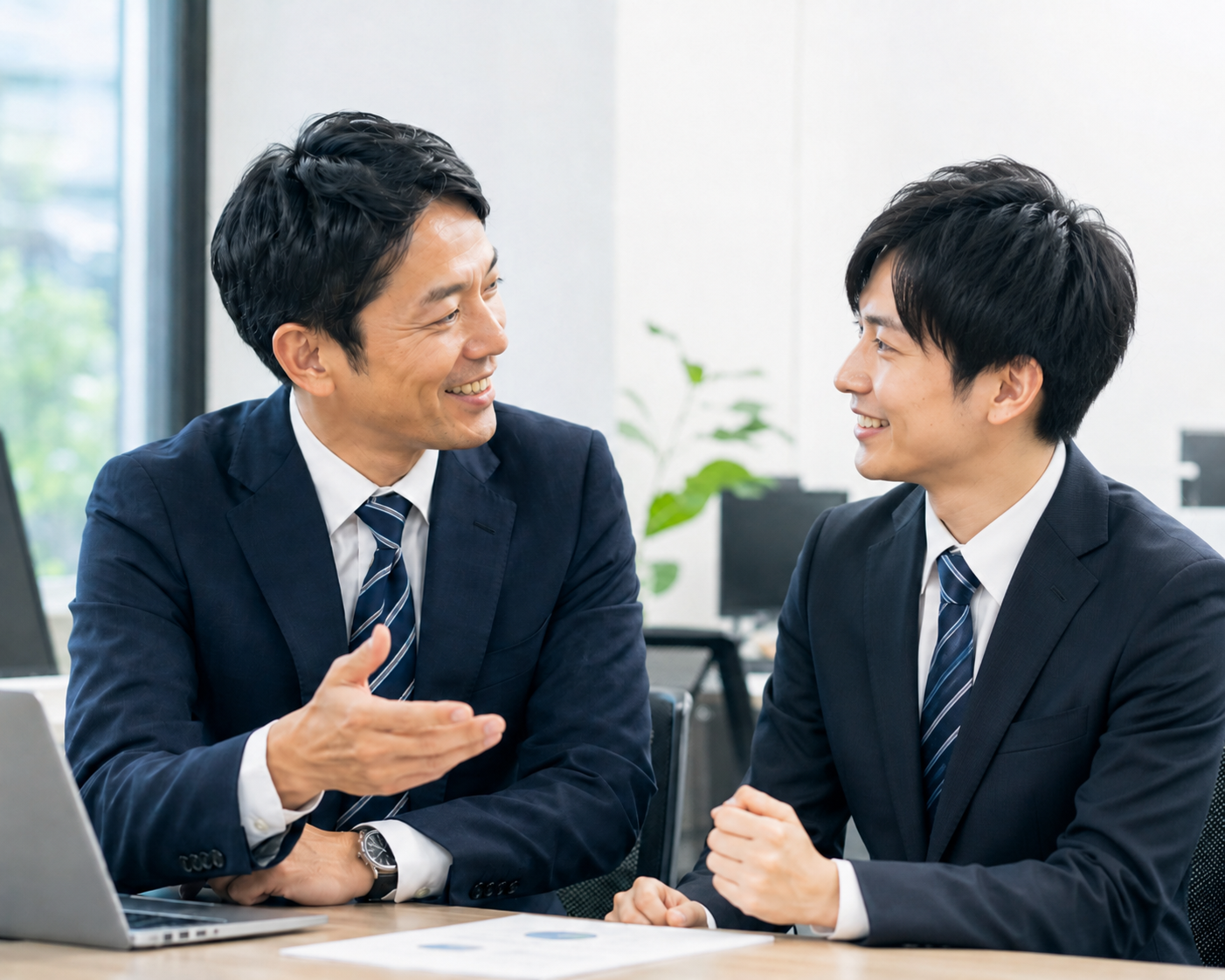 オフィスで小さな成功の後、先輩と新入社員が笑顔で話し込んでいるシーン